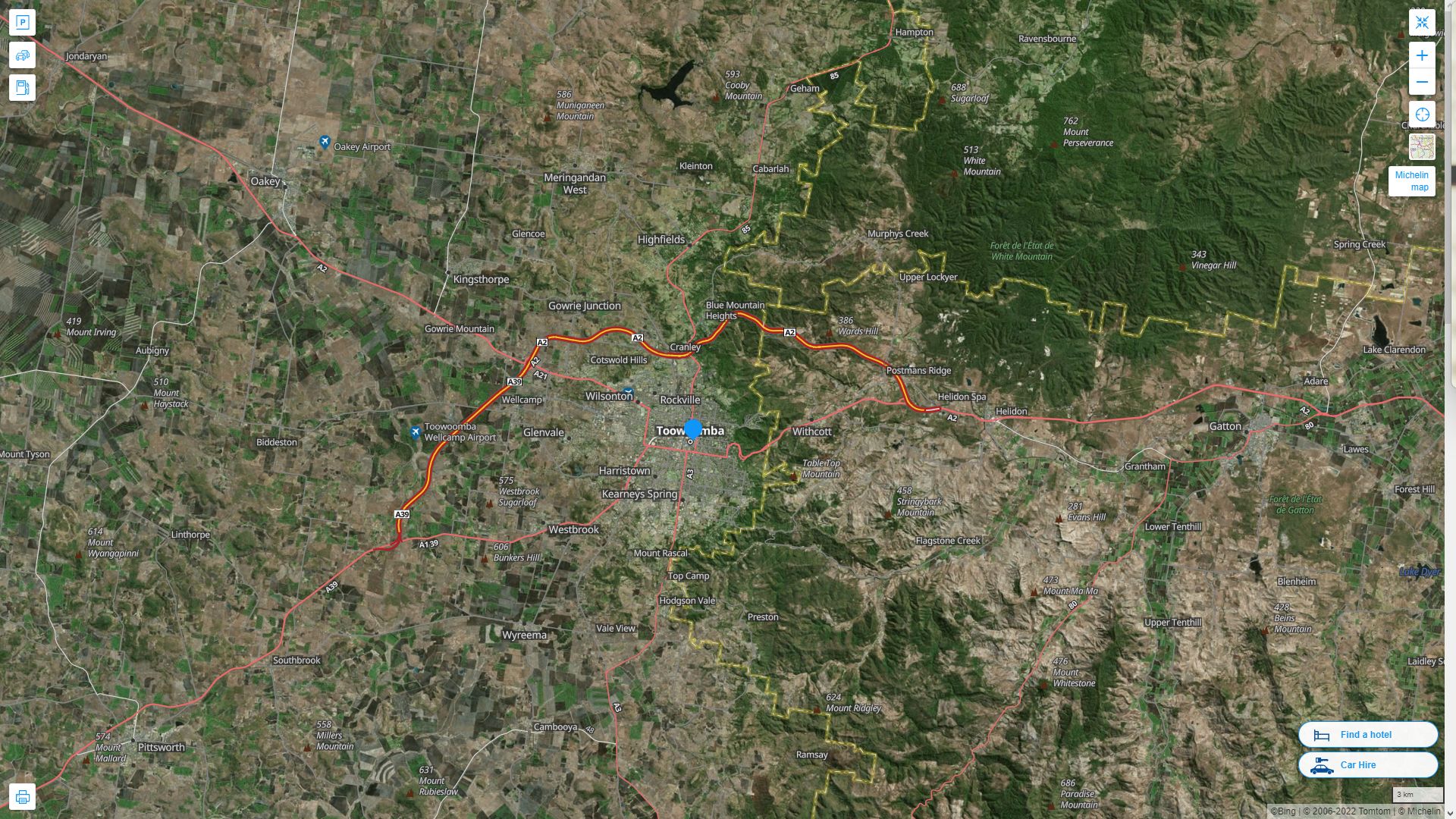 Toowoomba Highway and Road Map with Satellite View
